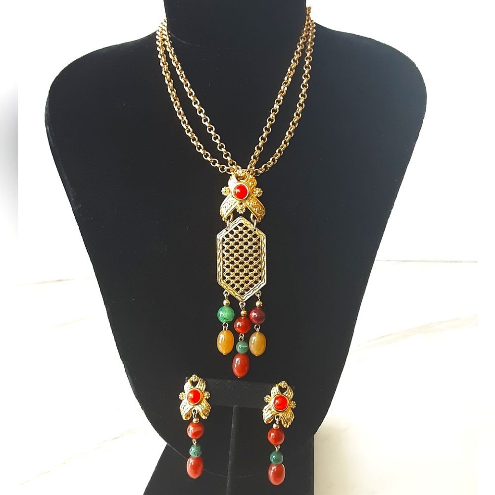 AVON Moroccan Style Casbah Boho Festival Gold Plated Faux Jade Jewelry Set